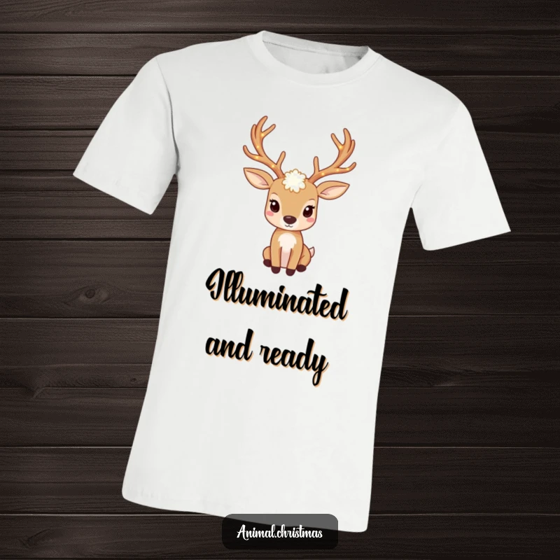Funny deer t-shirt featuring antlers adorned with twinkling lights, perfect for festive occasions.