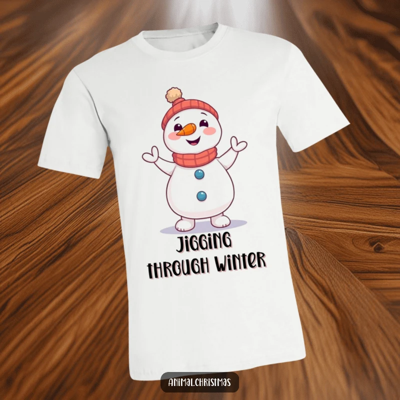 Funny Snowman Jig T-Shirt: A snowman with a carrot nose doing a joyful little jig, perfect for holiday fun.