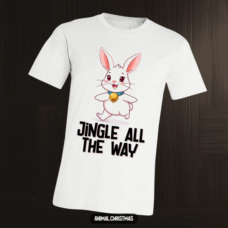 Funny rabbit t-shirt with a jingle bell collar, hopping merrily, perfect for playful individuals.