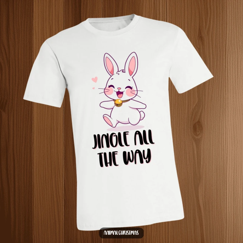 Funny t-shirt featuring a lively bunny with a jingle bell collar, bouncing with pure Christmas excitement.