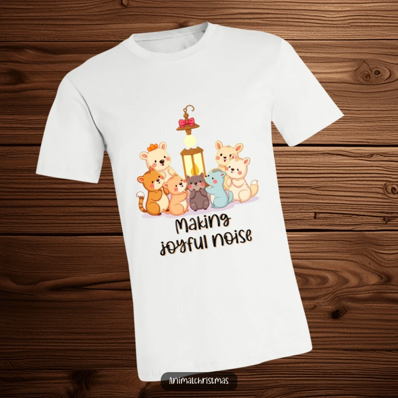 Funny animal carolers t-shirt showing happy animals singing carols around a glowing lantern, perfect for holiday cheer.