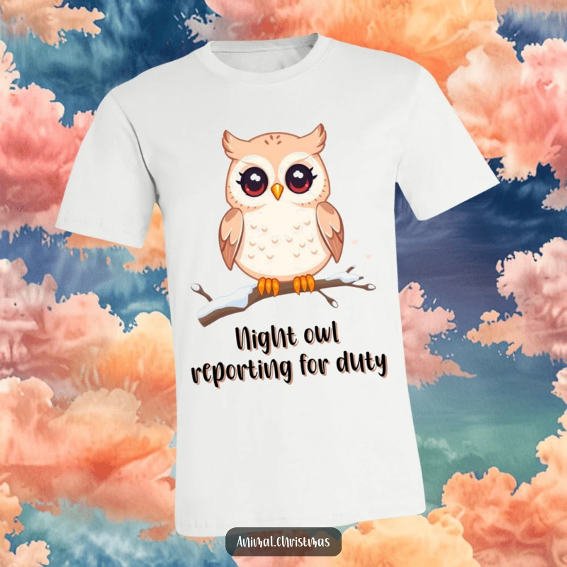 Funny kawaii owl t-shirt, twinkling eyes, perched on a snowy branch, cute winter apparel, cozy and magical design.