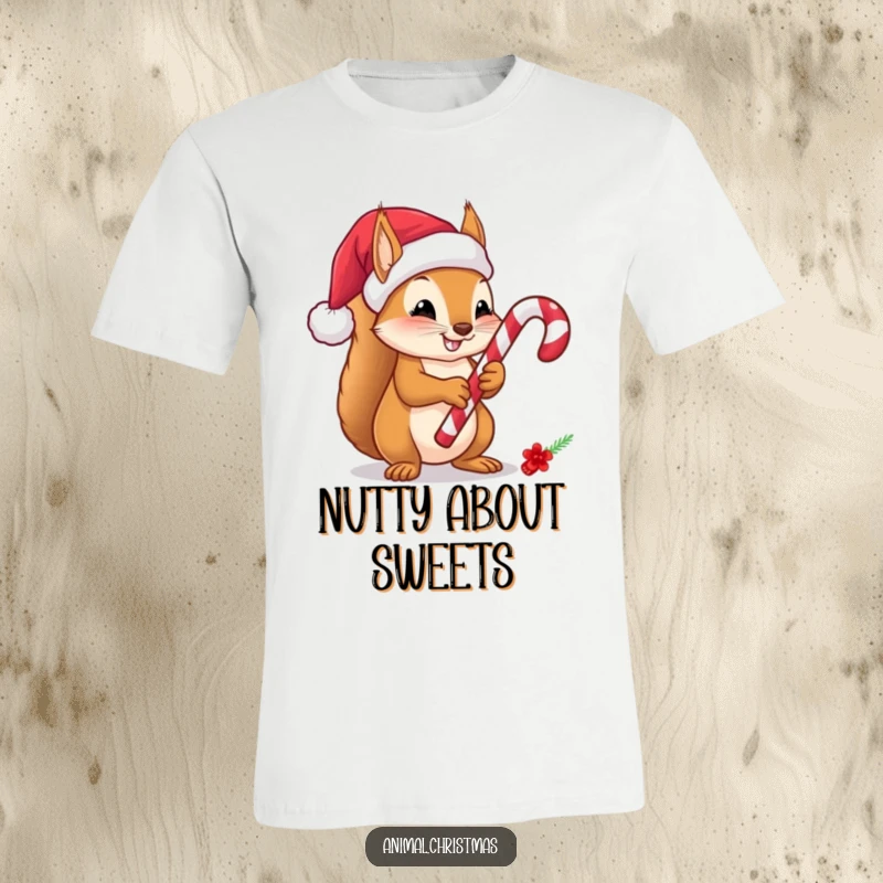 Funny Squirrel Candy Cane T-Shirt, a cheerful cartoon squirrel wearing a Santa hat holds a candy cane, spreading holiday joy and playful energy.