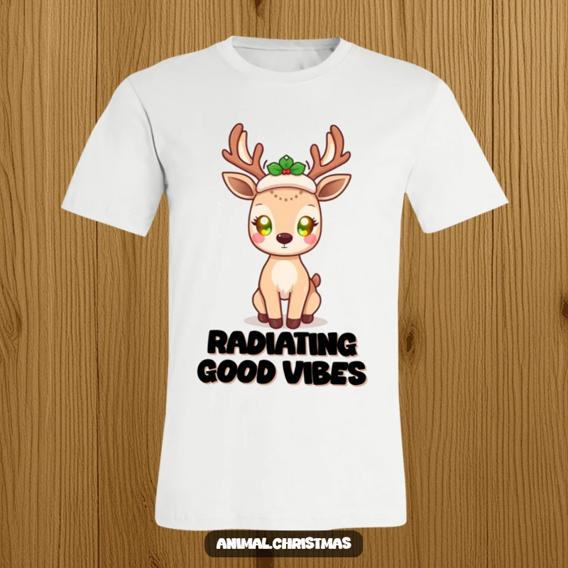 Funny kawaii deer t-shirt, with glowing eyes, radiating holiday cheer, cute festive apparel, magical and joyful design.