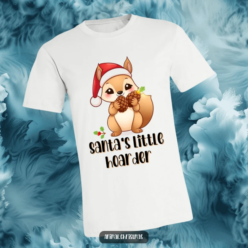 Funny squirrel t-shirt with a Santa hat, holding a glowing pinecone, perfect for festive occasions.