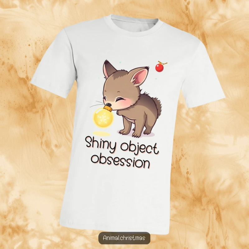 Funny t-shirt of an animal curiously sniffing a glowing Christmas ornament, expressing fascination and holiday wonder.