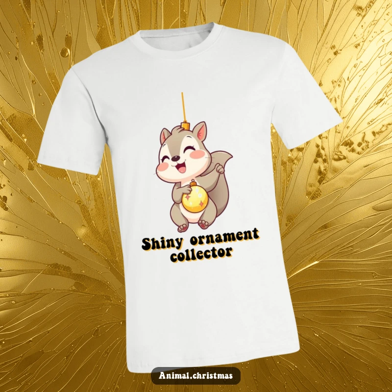 Funny kawaii squirrel gleefully hanging a shiny ornament on a Christmas tree branch on a t-shirt.