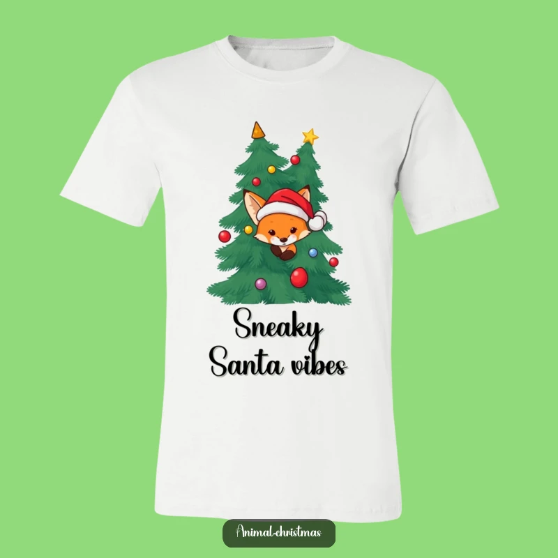 Funny Fox Santa T-Shirt - Christmas Tree Peeker Tee