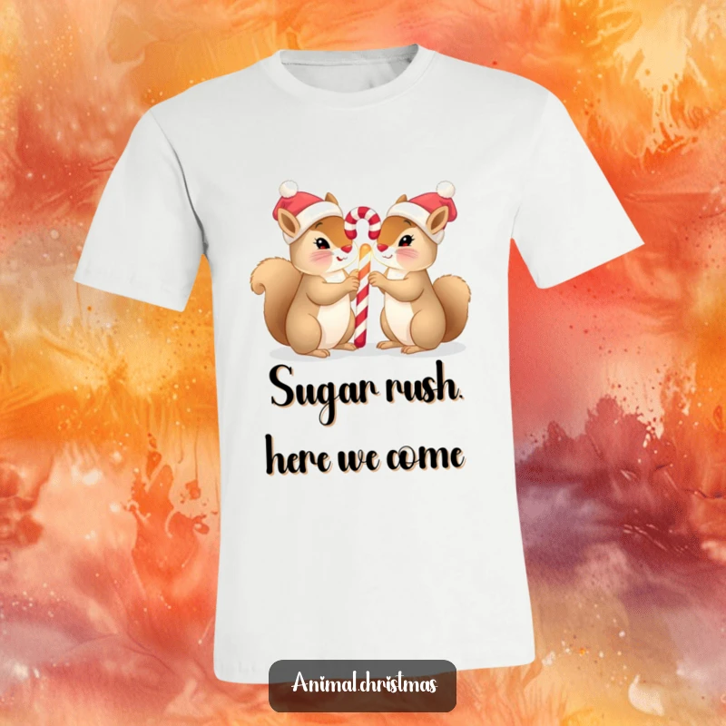 Funny squirrel Christmas t-shirt with two squirrels in tiny hats sharing a glowing candy cane, a whimsical and festive design.