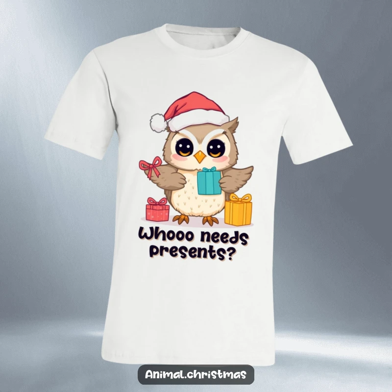 Funny t-shirt with a cute owl sporting a Santa hat, enthusiastically distributing presents during the holiday season.