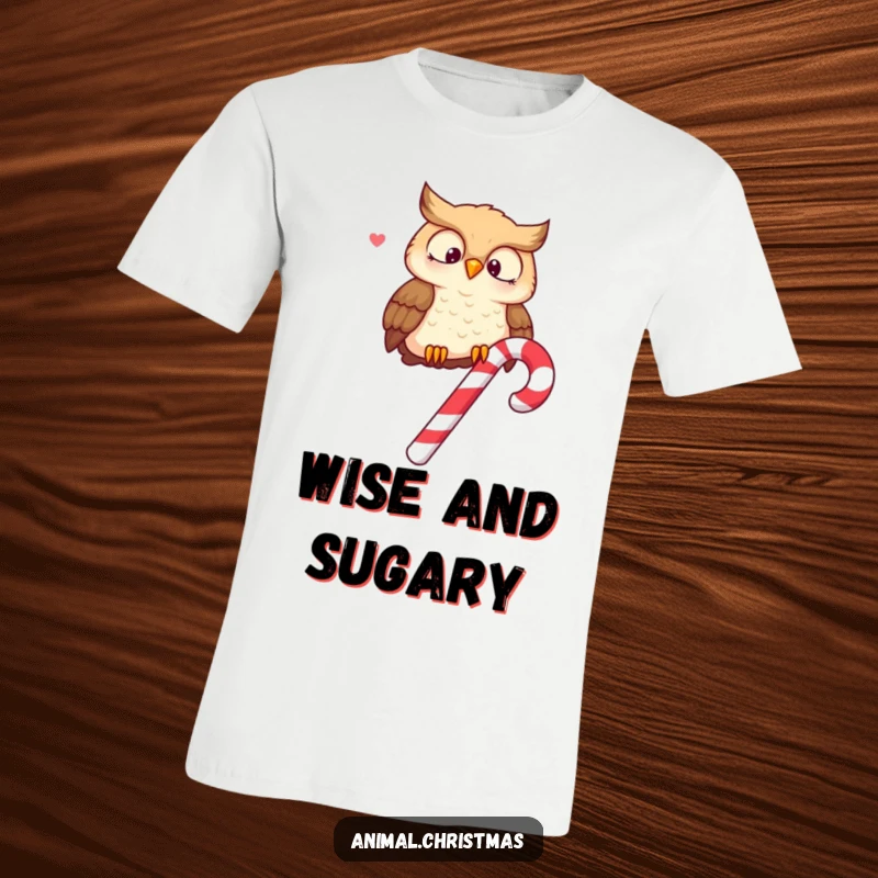 Funny T-shirt depicting a wise owl perched on a candy cane, hooting joyfully with festive merriment.