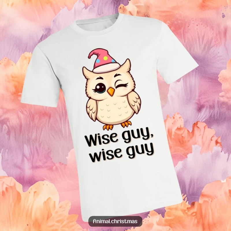 Funny kawaii owl wearing a festive hat, blinking with amusement on a comfortable t-shirt.