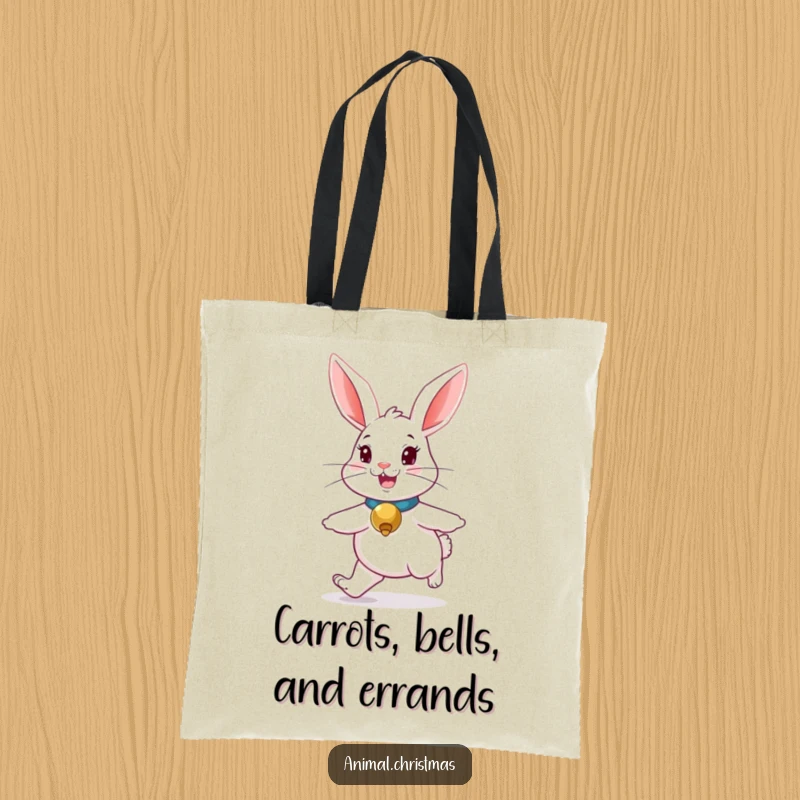 Funny rabbit tote bag with a jingle bell collar, hopping merrily, practical and stylish accessory.