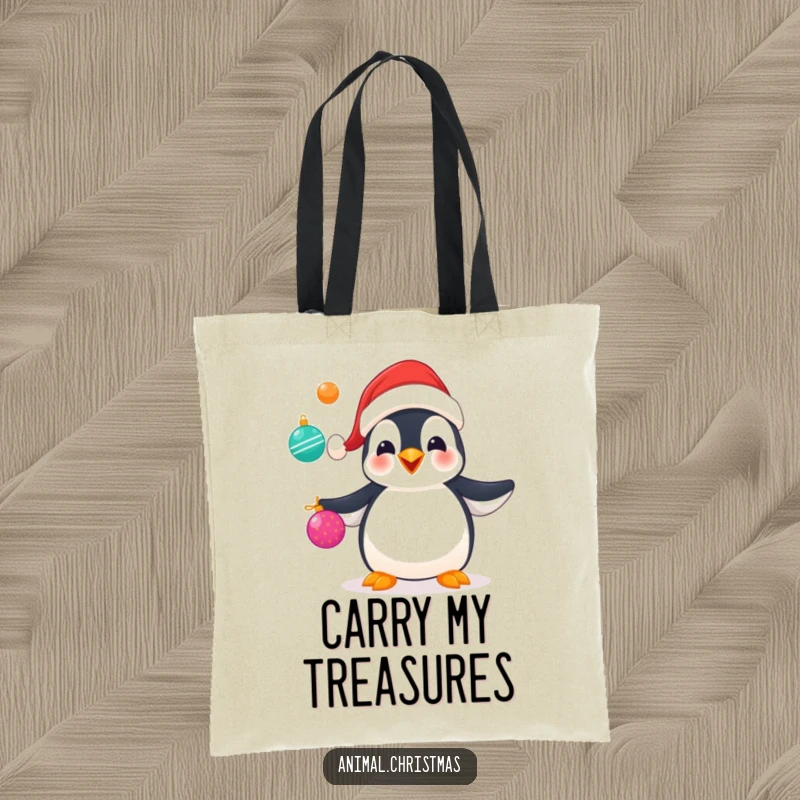 Funny tote bag illustrating a penguin in a Santa hat juggling multiple shiny Christmas ornaments, perfect for holiday outings.