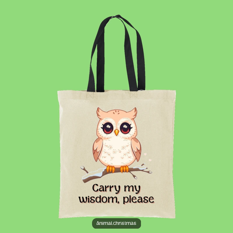 Funny Kawaii Owl Tote Bag: Twinkling Eyes, Snowy Branch - Eco-Friendly Funny Gift