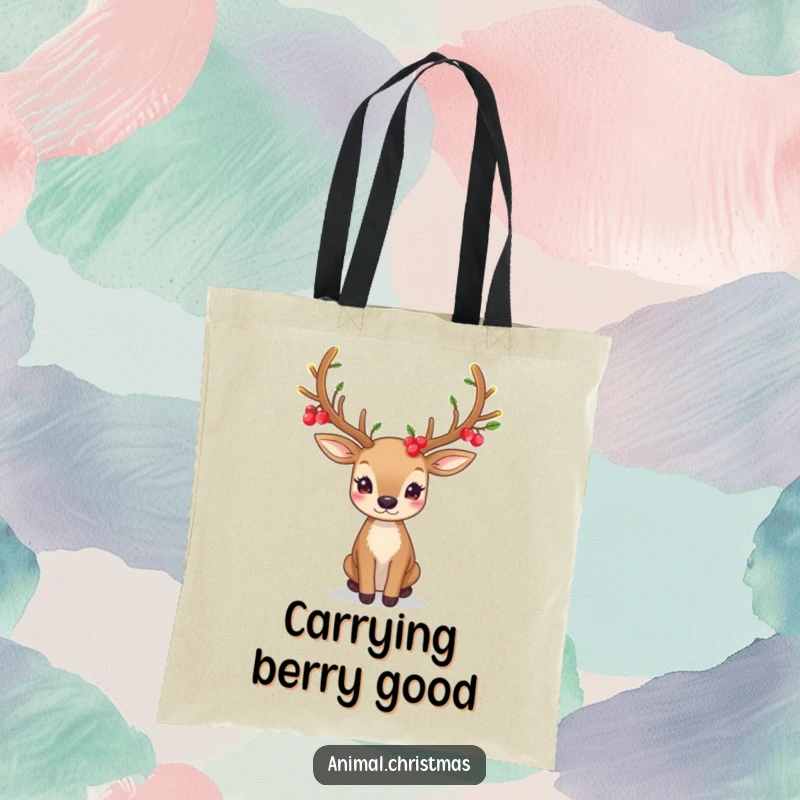 Funny tote bag featuring a deer with festive antlers covered in glowing berries, perfect for carrying essentials with style.