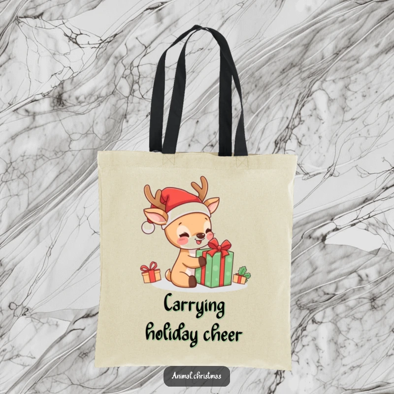 Funny kawaii deer in Santa hat, unwrapping a gift on a tote bag, offering a humorous and cute holiday accessory.