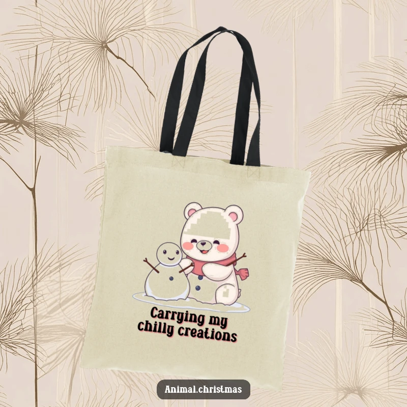 Funny kawaii bear wearing a pleased grin, building a snowman on a durable and stylish tote bag.