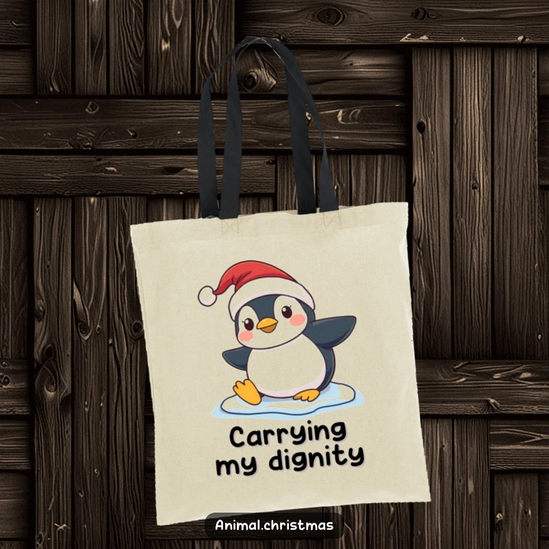 Funny Penguin Slip Tote Bag, a cartoon penguin in a Santa hat comically slipping on ice, perfect for carrying items with winter-themed humor.