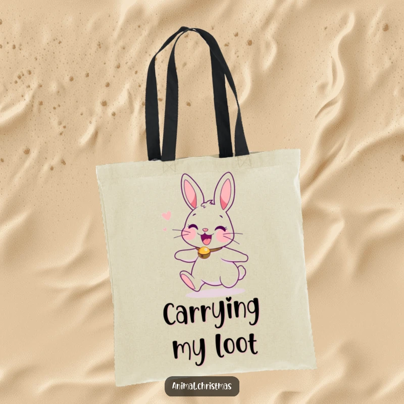 Funny tote bag illustrating an excited bunny with a jingle bell collar, ready for holiday adventures.