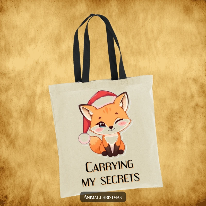 Funny tote bag with a sly fox wearing a Santa hat, giving a mischievous wink with a twinkle in its eye.