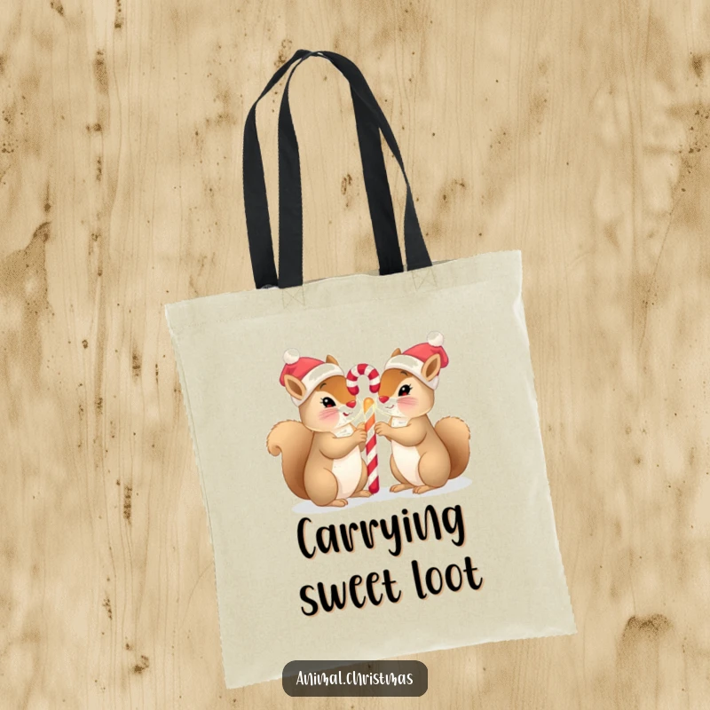 Funny squirrel Christmas tote bag with two squirrels in tiny hats sharing a glowing candy cane, ideal for holiday shopping.