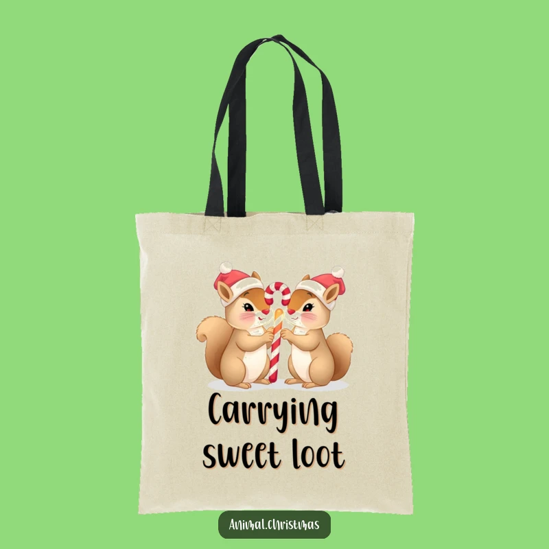 Funny Squirrel Christmas Tote Bag: Tiny Hats & Candy Cane, Cute Holiday Gift