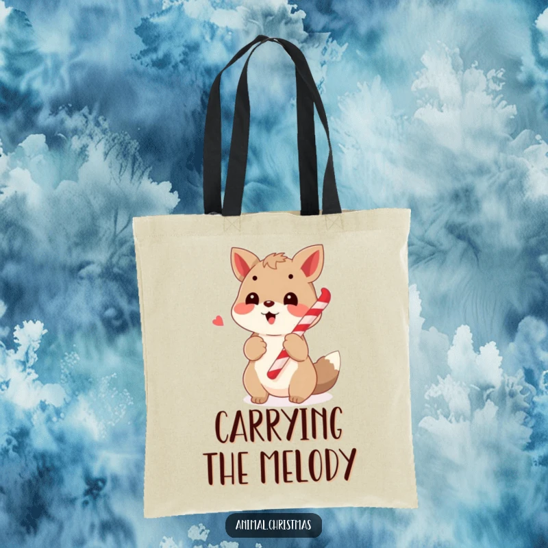 Funny tote bag featuring a cheerful animal caroling with a candy cane in its paw, perfect for carrying essentials with holiday spirit.