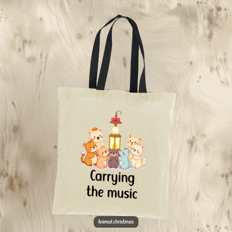 Funny animal carolers tote bag showing happy animals singing carols around a glowing lantern, perfect for holiday shopping.