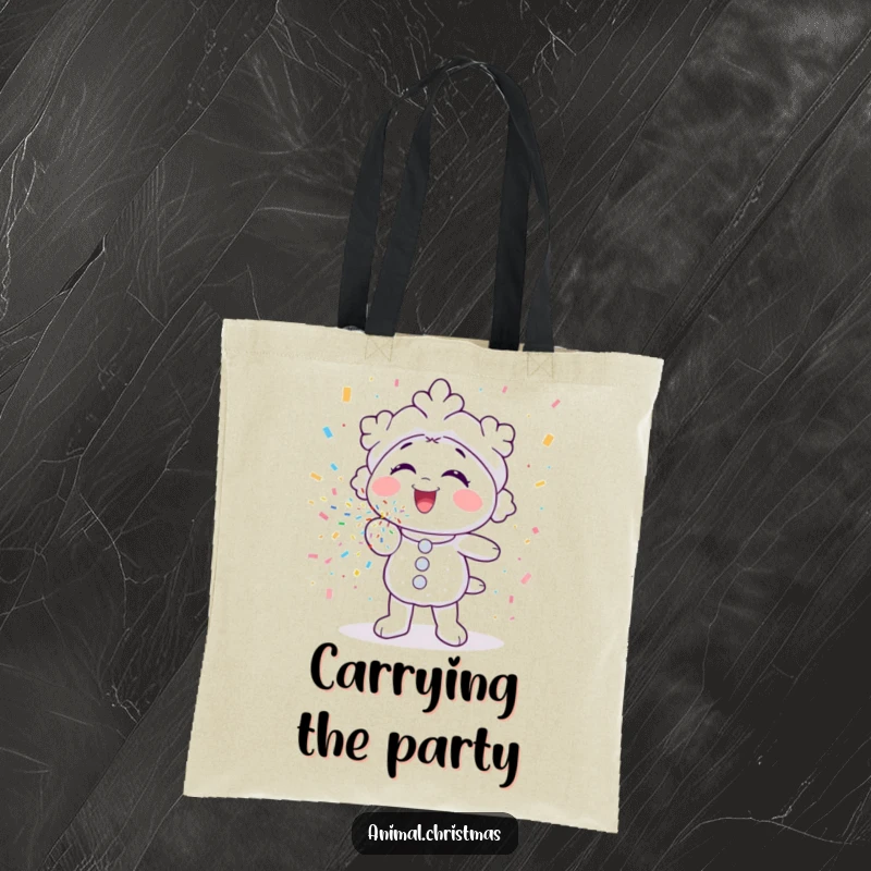 Funny tote bag with a snowflake character gleefully blowing colorful confetti, a whimsical and festive accessory.