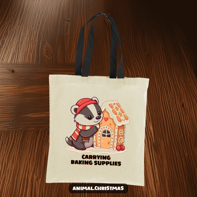 Funny badger baking tote bag with a badger in a festive scarf decorating a gingerbread house with icing, ideal for carrying baking supplies.