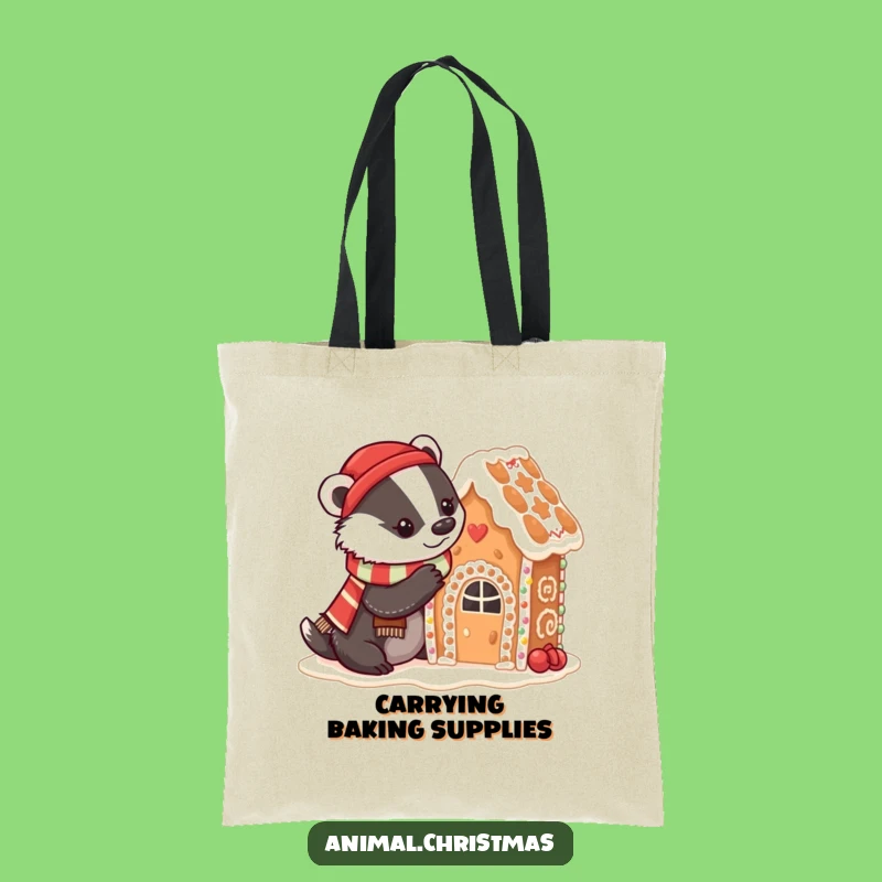 Funny Badger Baking Tote Bag: Festive Scarf & Gingerbread, Practical Kitchen Gift