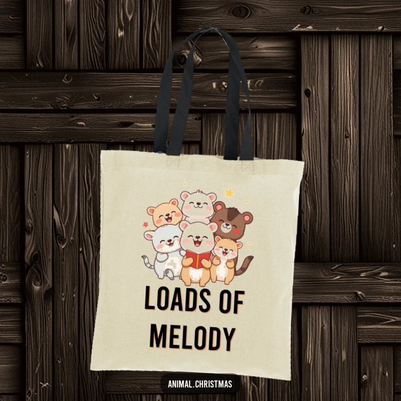 Funny tote bag with a group of animals joyfully caroling, ideal for carrying essentials with a musical and humorous twist.