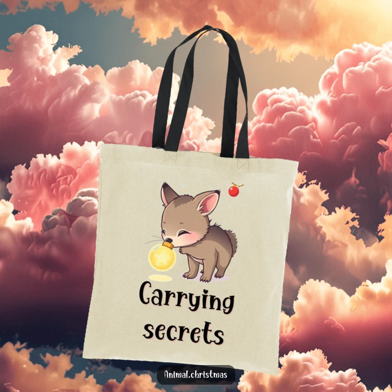 Funny tote bag with a cute animal curiously sniffing a glowing Christmas ornament, perfect for carrying items with festive wonder.