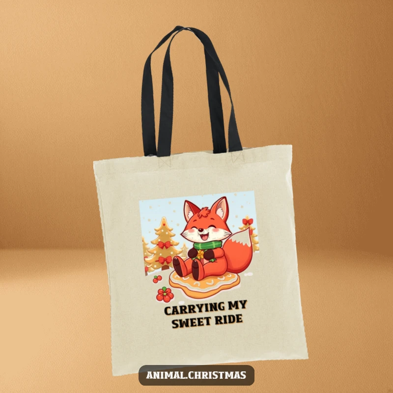 Funny Christmas tote bag featuring a red fox grinning widely while sliding down a snowy hill on a festive gingerbread cookie.