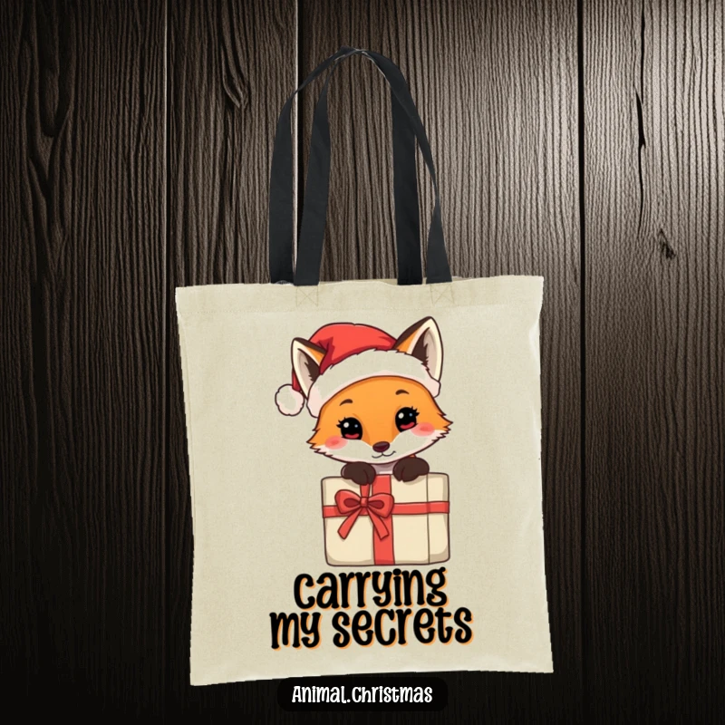 Funny tote bag with a fox in a tiny Santa hat, peeking from behind a gift, a charming and humorous accessory.