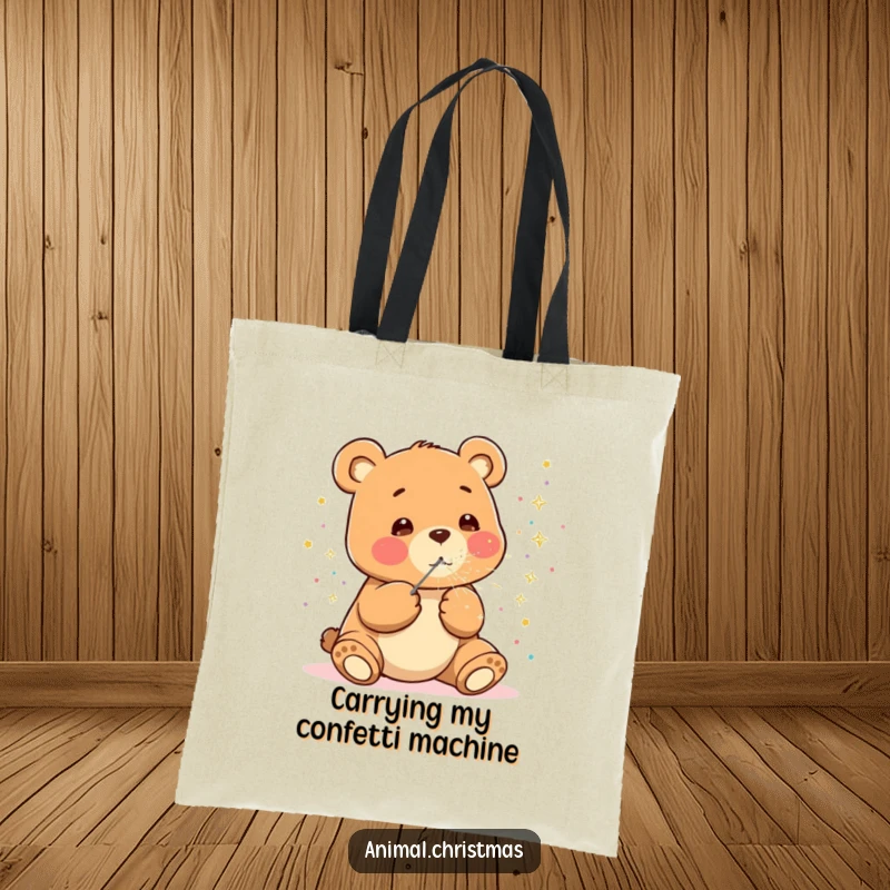 Funny kawaii bear tote bag, happily blowing sparkly confetti, cute and practical accessory for carrying party essentials.
