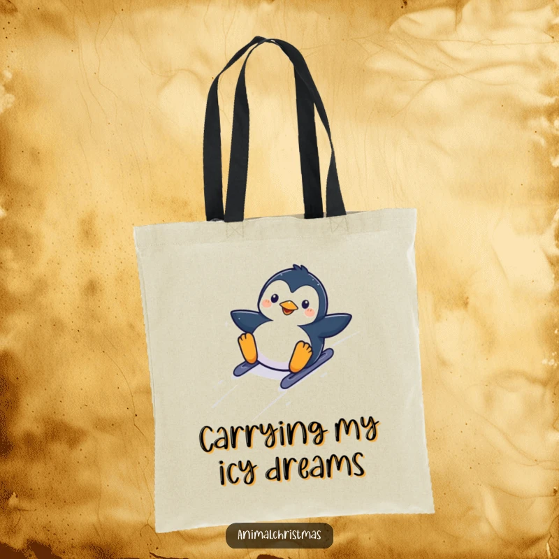 Funny kawaii penguin sliding down a snowy hill with glee on a durable and stylish tote bag.