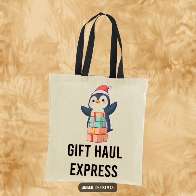 Funny kawaii penguin balancing wrapped gifts on a tote bag, a cute and humorous accessory.