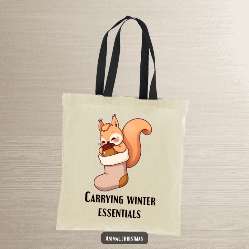 Funny kawaii squirrel tote bag, stuffing a giant acorn into a stocking, cute holiday accessory, practical for shopping and errands.