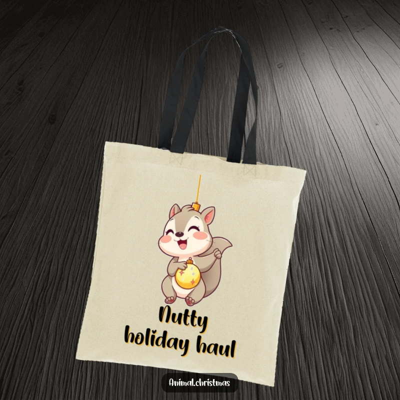Funny kawaii squirrel gleefully hanging a shiny ornament on a tote bag, a cute and humorous accessory.