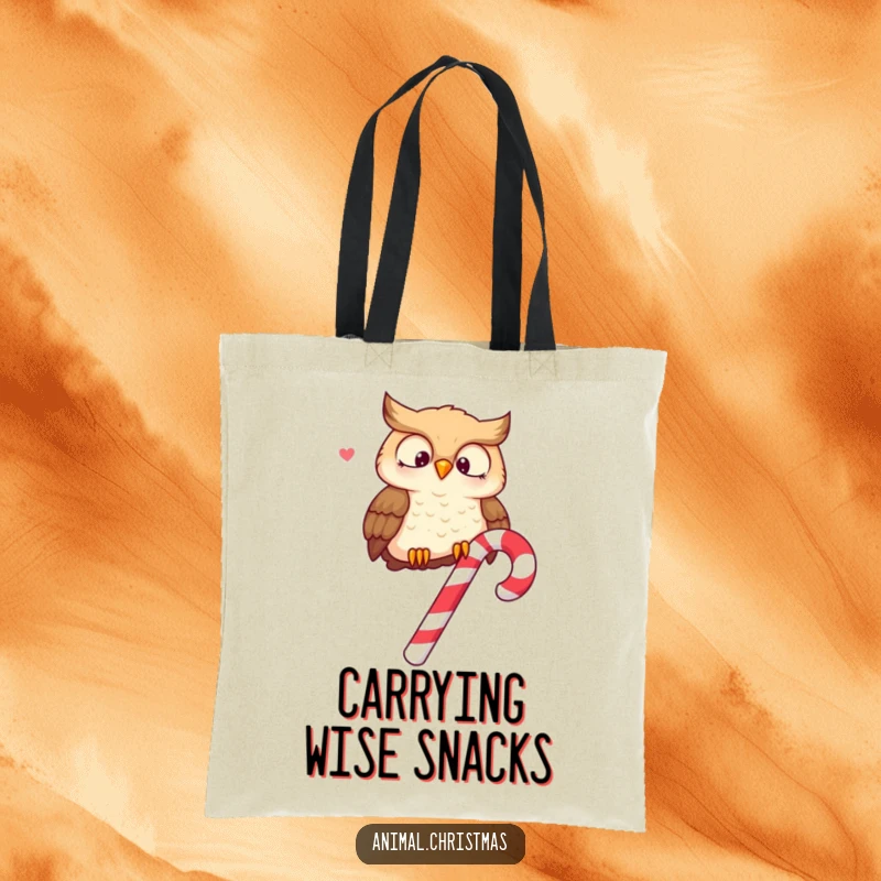 Funny tote bag with an owl perched on a candy cane, hooting merrily, perfect for holiday shopping.
