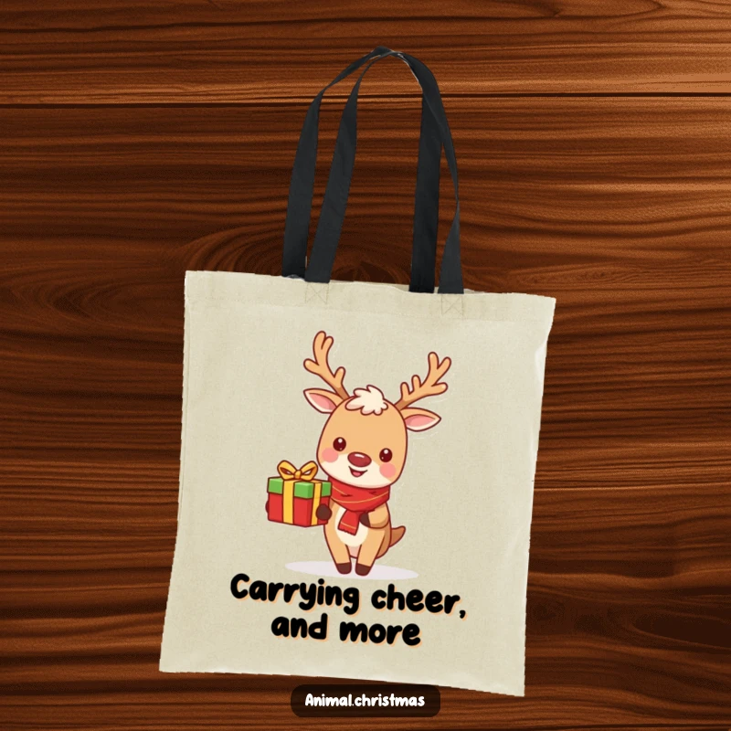 Funny Reindeer Tote Bag: Cheerful reindeer delivering a gift, perfect for carrying holiday spirit everywhere.