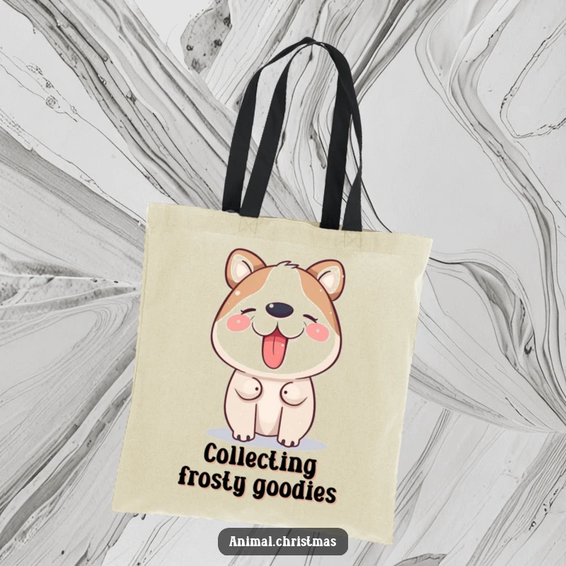 Funny Tote Bag: An animal happily catches snowflakes on its tongue, bringing a touch of whimsical winter joy.