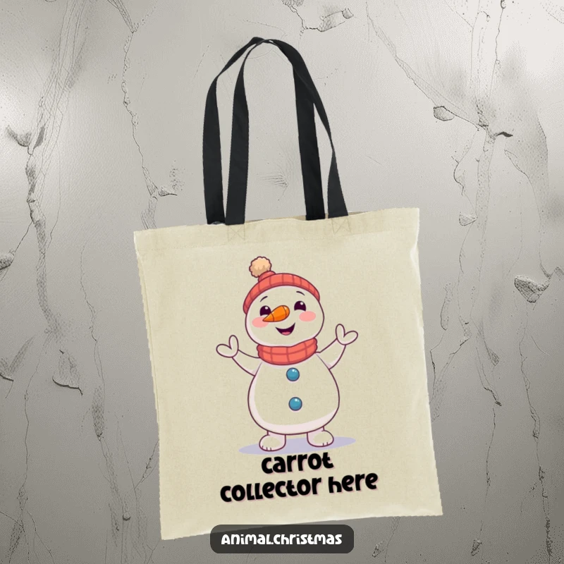 Funny Snowman Jig Tote Bag: A snowman with a carrot nose doing a little jig, great for everyday use.