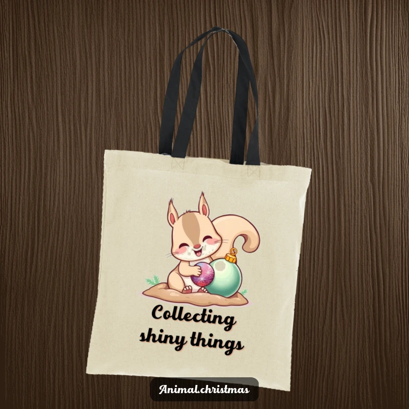 Funny tote bag with a happy squirrel burying a shiny ornament, ideal for carrying holiday goodies and essentials.