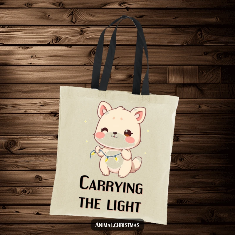 Funny Tote Bag: An animal winks mischievously while holding a string of glowing lights, perfect for holiday flair.
