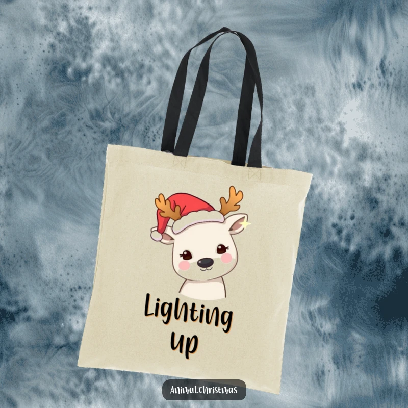 Funny tote bag with an animal wearing festive antlers, peering curiously at a twinkling light, ideal for carrying items with holiday charm.