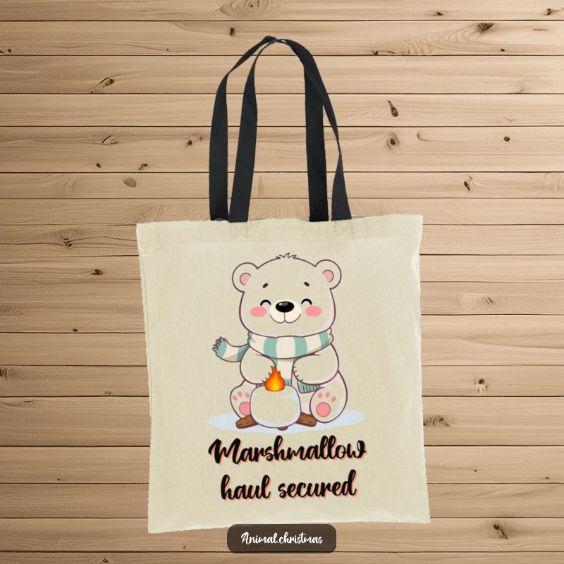 Funny Polar Bear Marshmallow Tote Bag: A polar bear with a festive scarf happily roasting a marshmallow, great for carrying treats.
