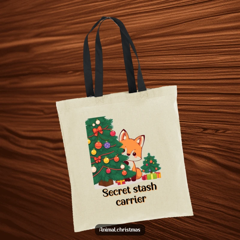 Funny kawaii fox peeking from a decorated Christmas tree on a tote bag, a cute and humorous accessory.